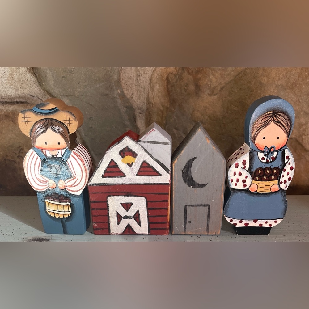 Two Adorable little Farm Folk With Barn and Outhouse. Hand made/hand painted